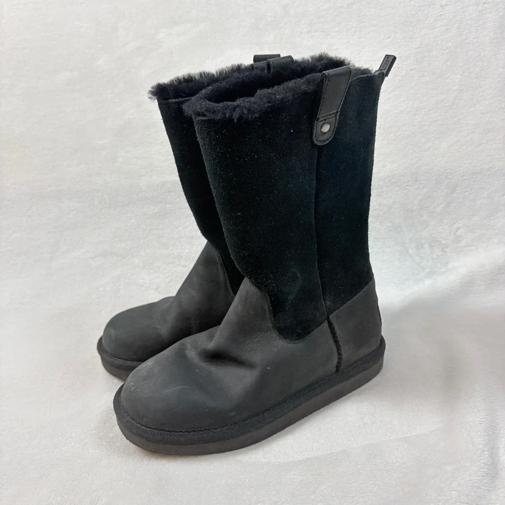 UGG Boots Kids Size 2 Black Good Leather Suede Back Zip Faux‎ Fur 1013287K